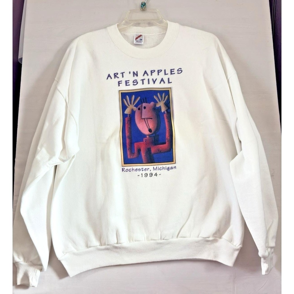 Art N Apple Festival Ivory Pullover Soft Sweatshirt Vintage 90's Jerzee 2XL